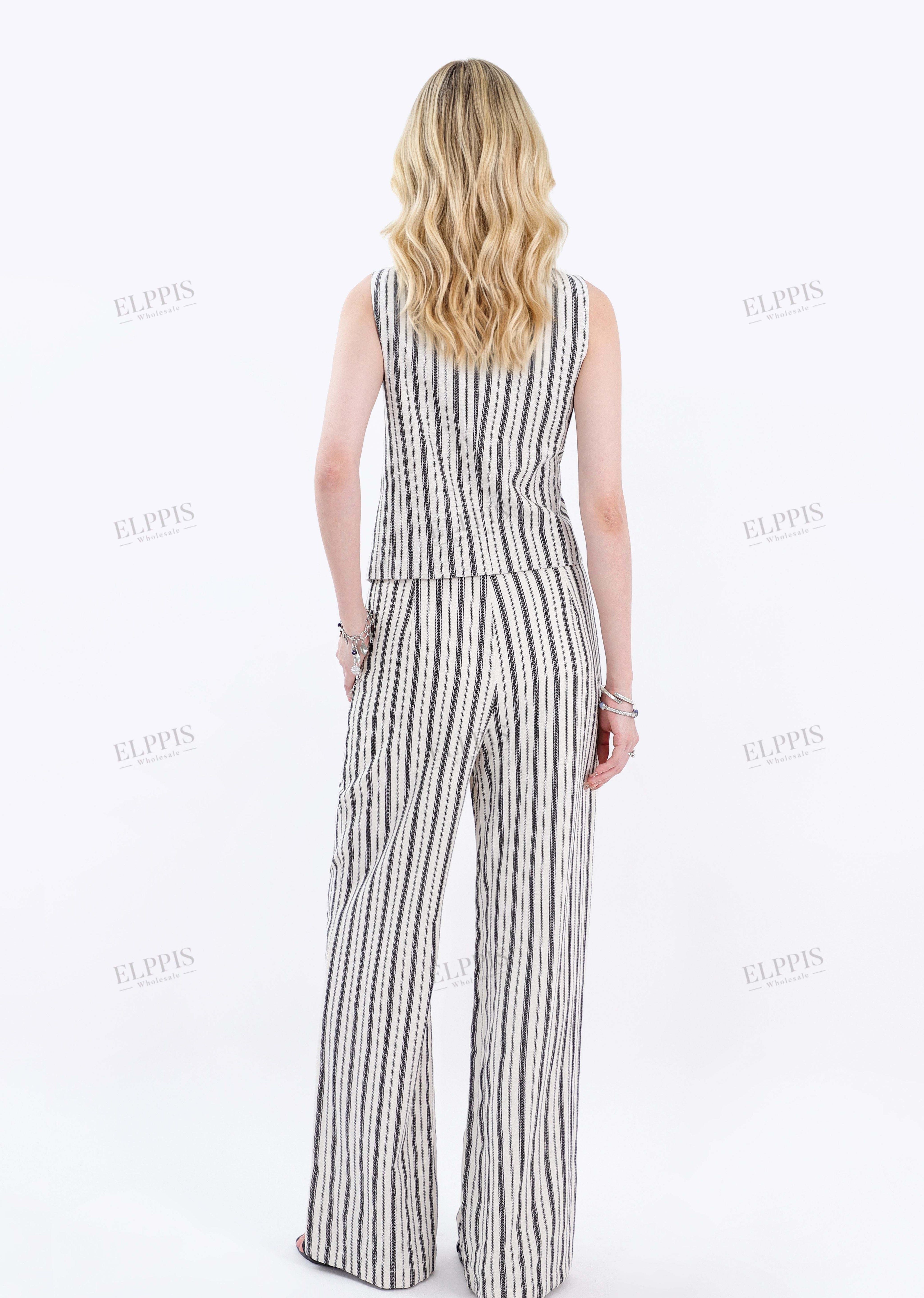 Beige Cotton-Linen Blend Stripe Sleeveless Vest