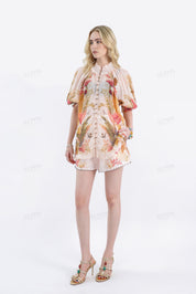 Peach Tropical Print Puff-Sleeve Blouse with Ruffled Collar