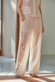 White Linen Wide-Leg Lace Pants