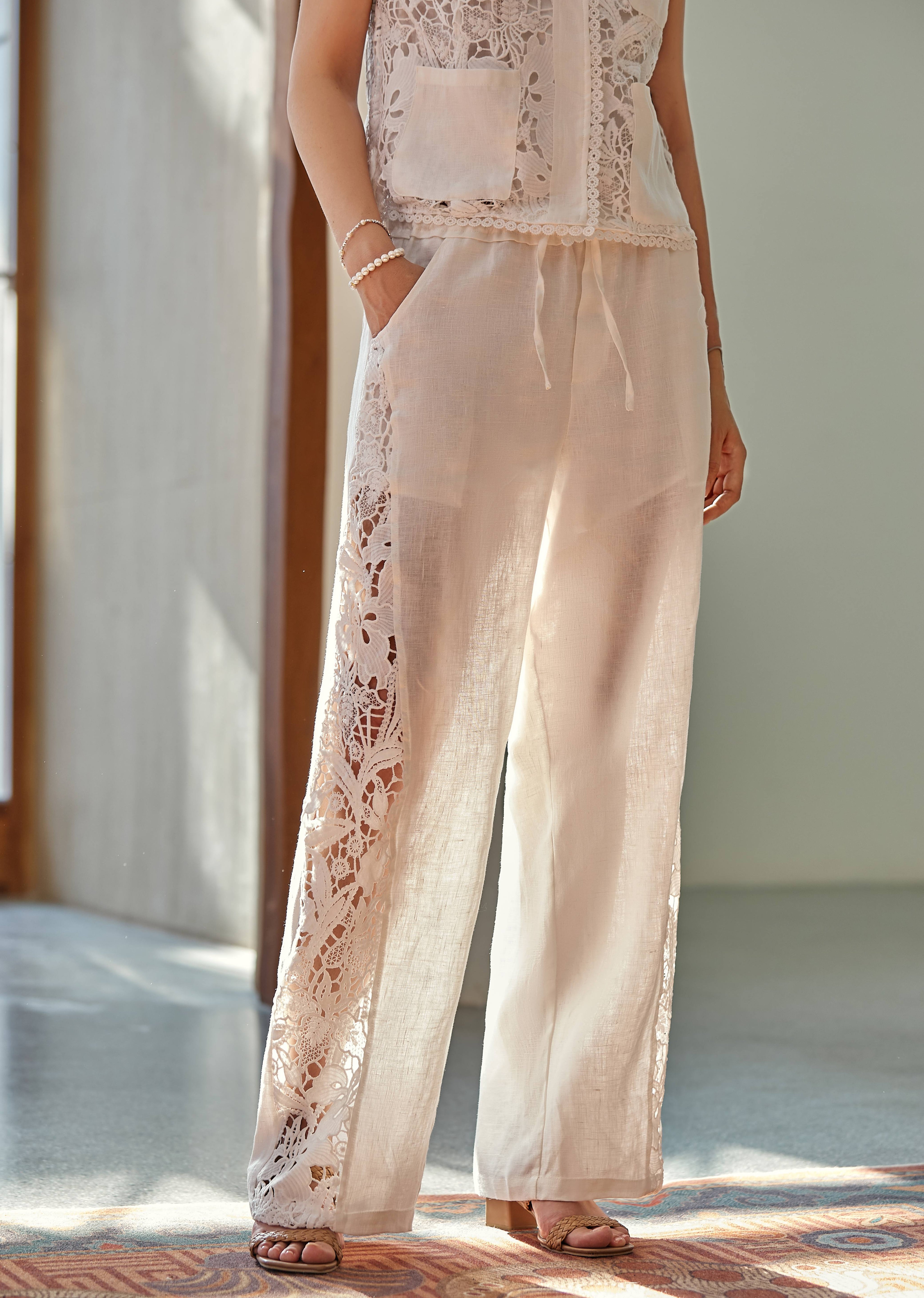 White Linen Wide-Leg Lace Pants