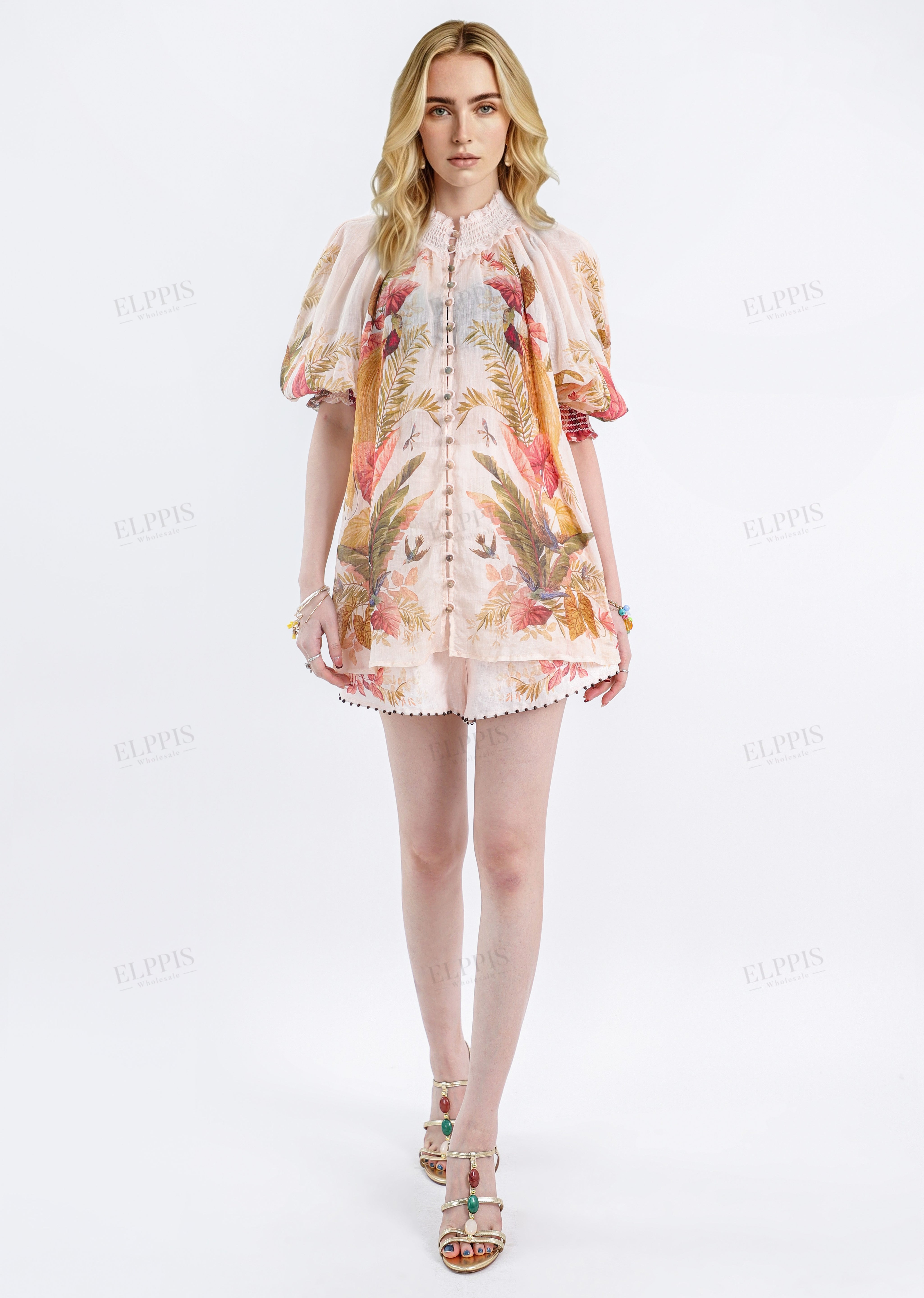 Peach Tropical Print Puff-Sleeve Blouse with Ruffled Collar
