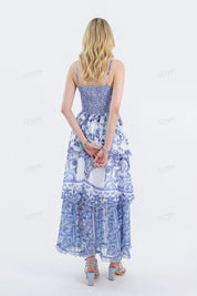 Blue & White Porcelain Pattern Tiered Cami Maxi Dress