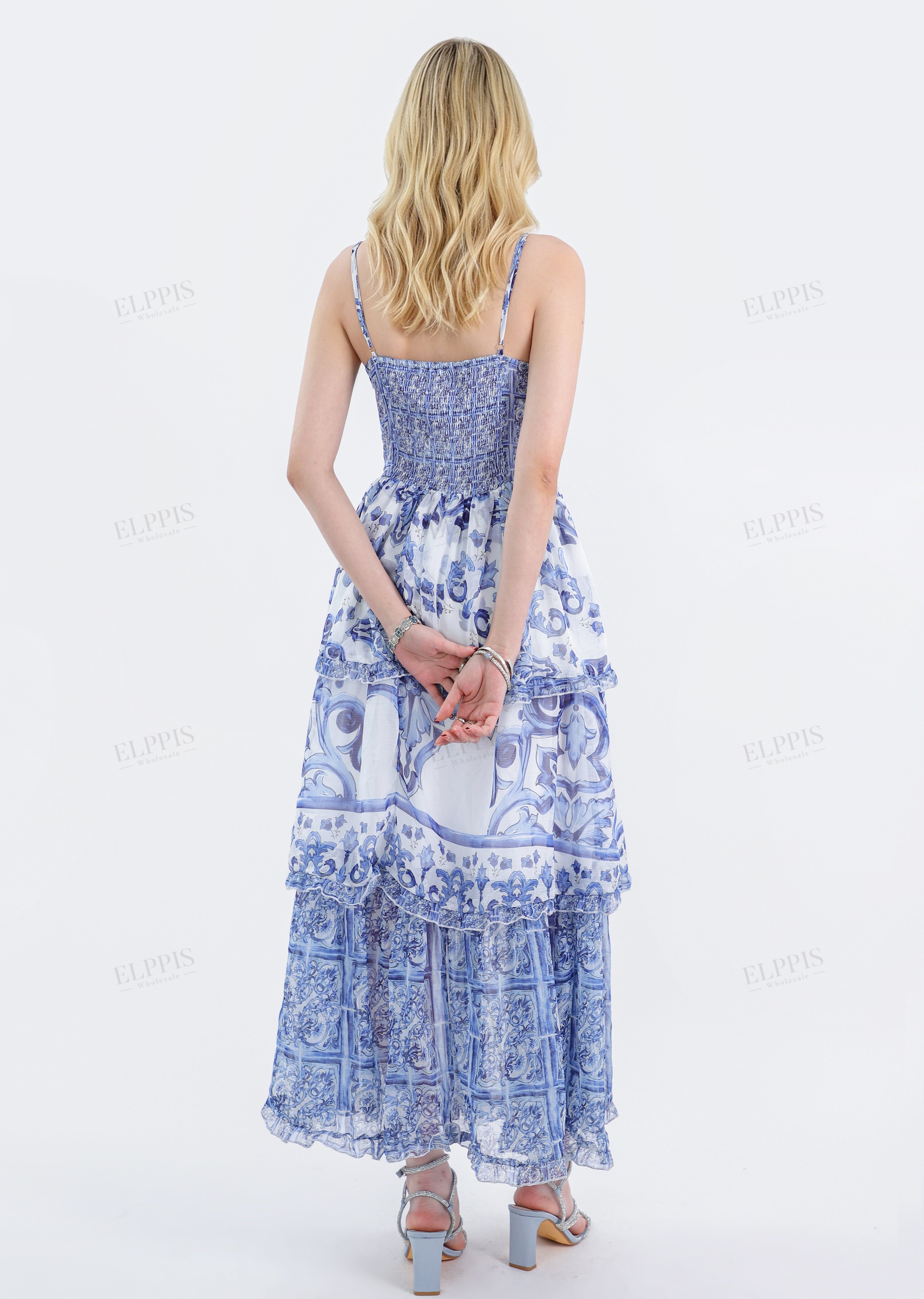 Blue & White Porcelain Pattern Tiered Cami Maxi Dress