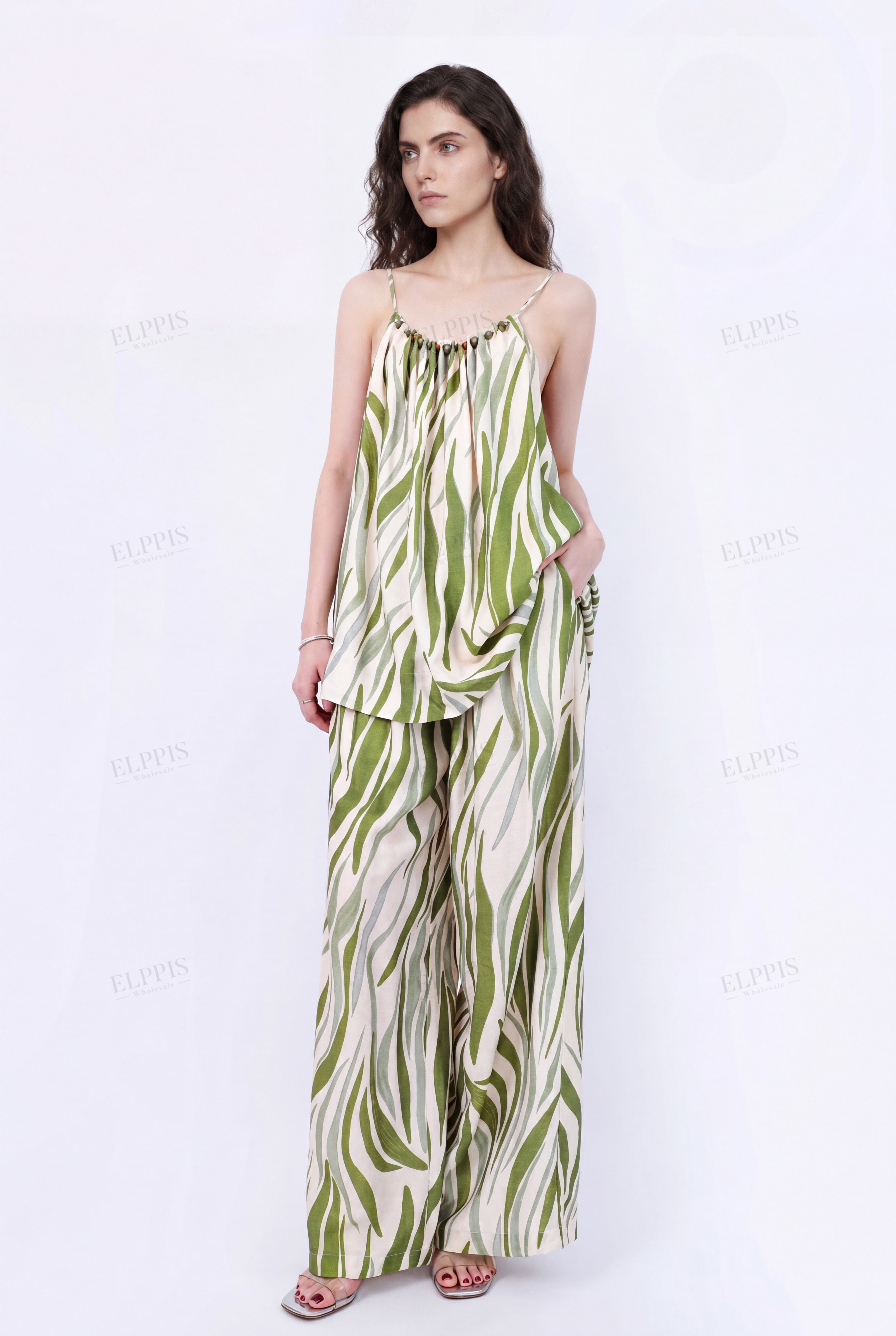 Green Leaf Print Spaghetti Strap Mini Dress with Beaded Trim