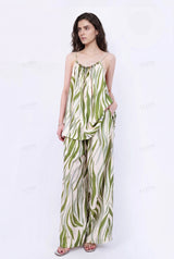 Green Leaf Print Spaghetti Strap Mini Dress with Beaded Trim