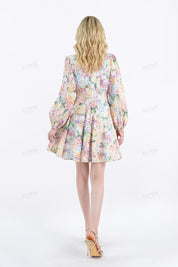 Vibrant Floral Print Long-Sleeve Mini Dress with Pearl Buttons