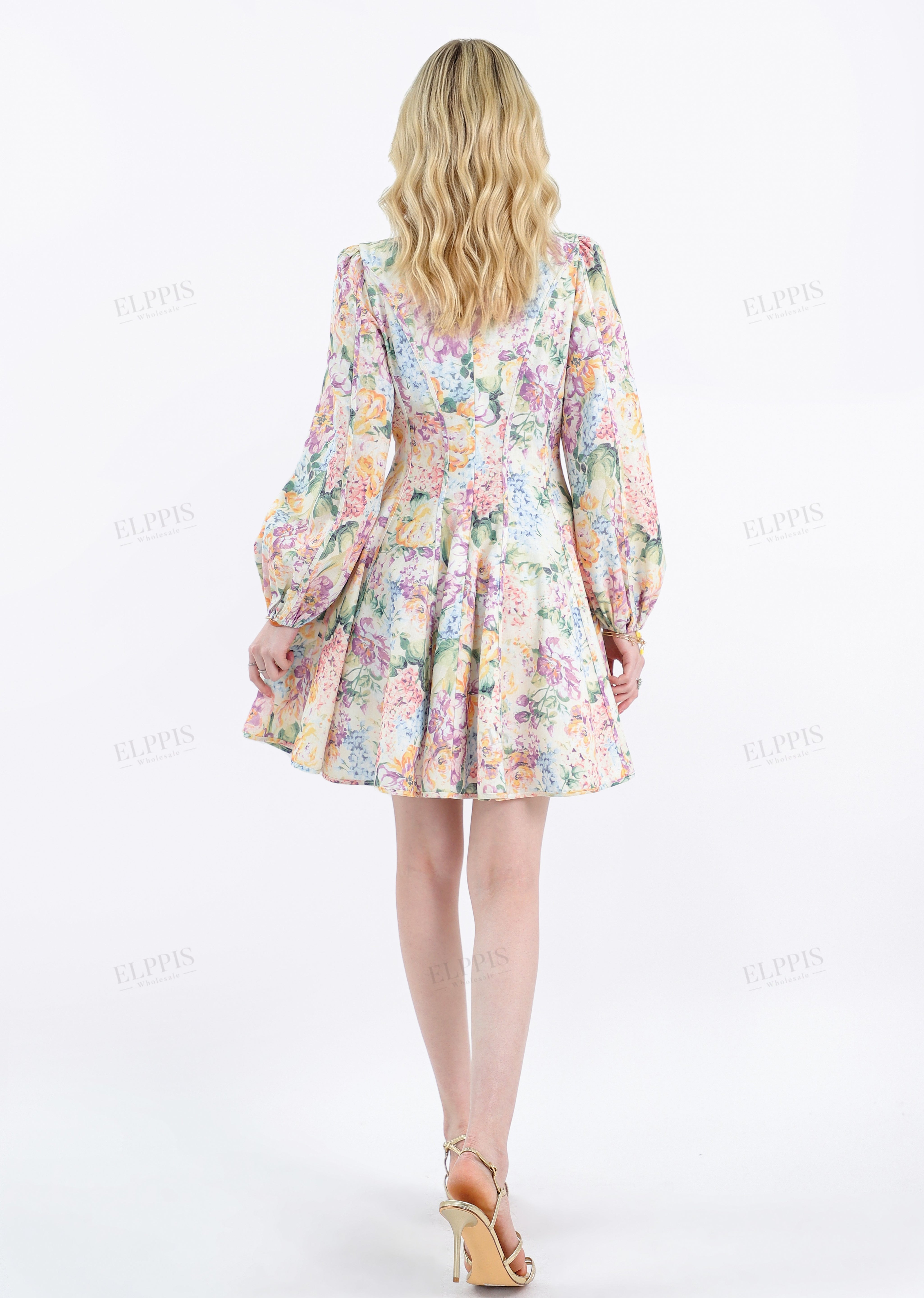 Vibrant Floral Print Long-Sleeve Mini Dress with Pearl Buttons