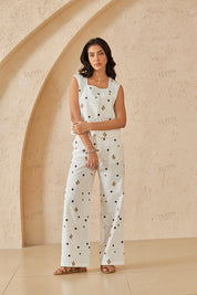 White Wide-Leg Pants with Brown & Gold Embroidered Patterns