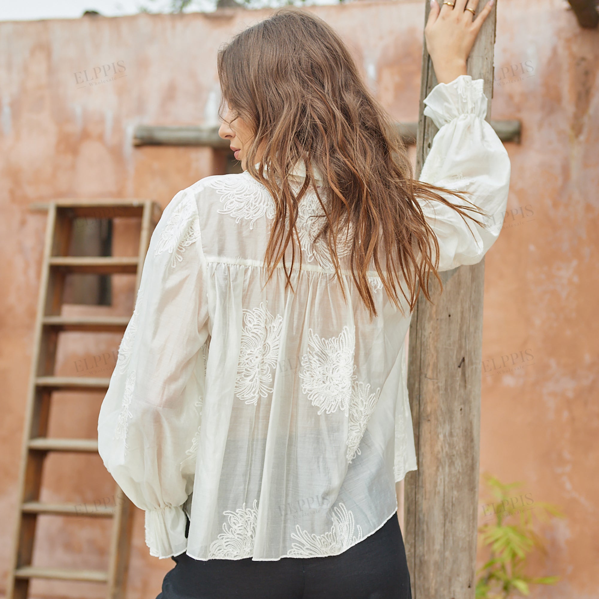 Tencel blend faux embroidery O-line long sleeve shirt