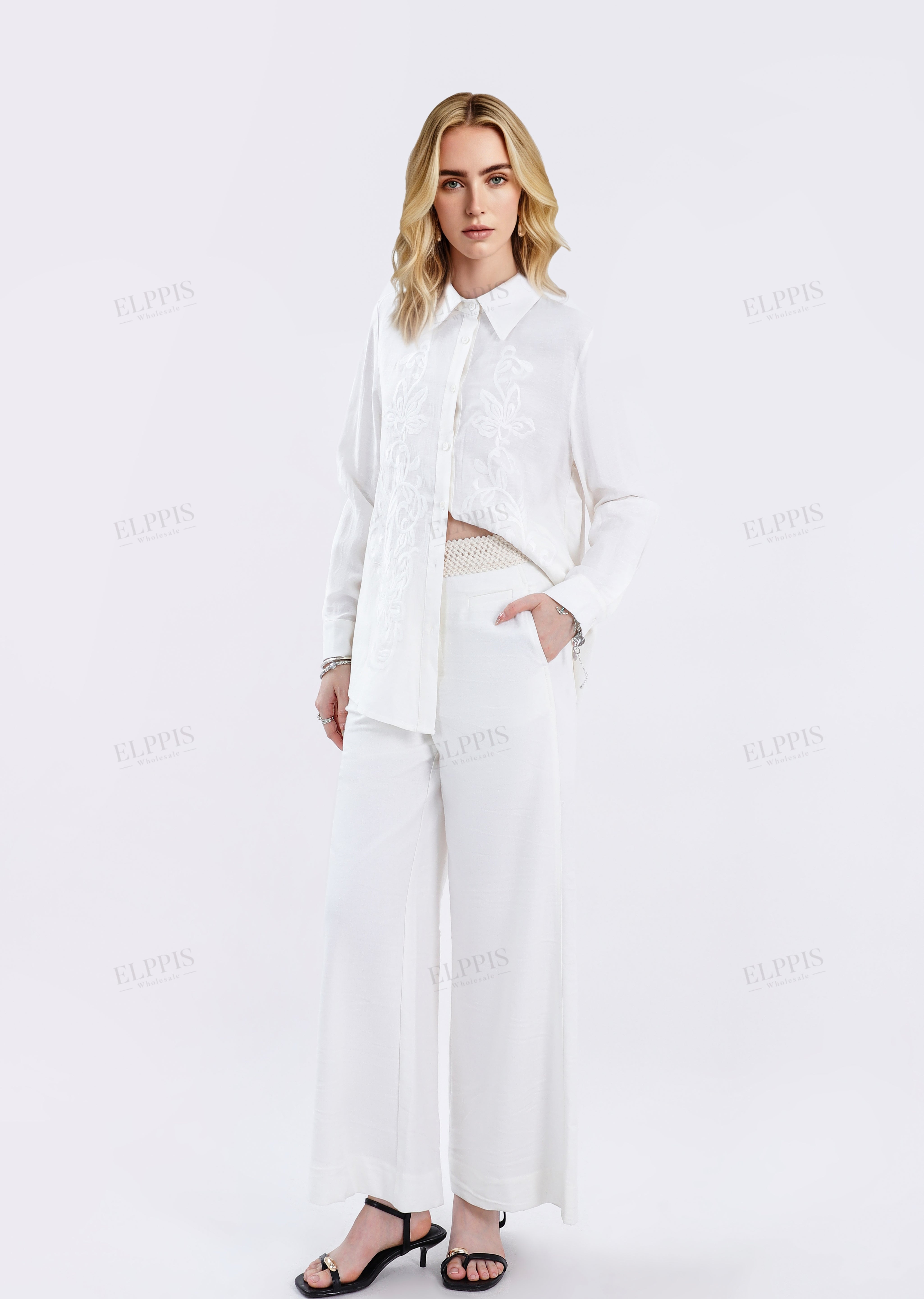 White Sheer Long-Sleeve Shirt with Embroidered Pocket