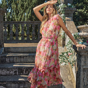 Chiffon digital print stand collar A-line midi sleeveless dress