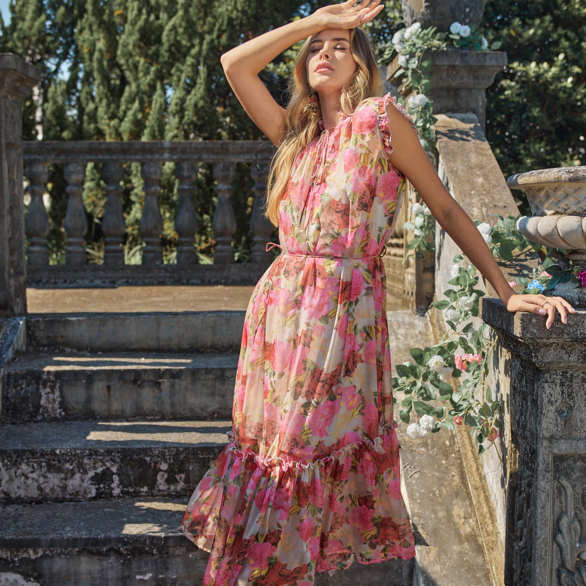Chiffon digital print stand collar A-line midi sleeveless dress