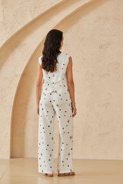 White Wide-Leg Pants with Brown & Gold Embroidered Patterns