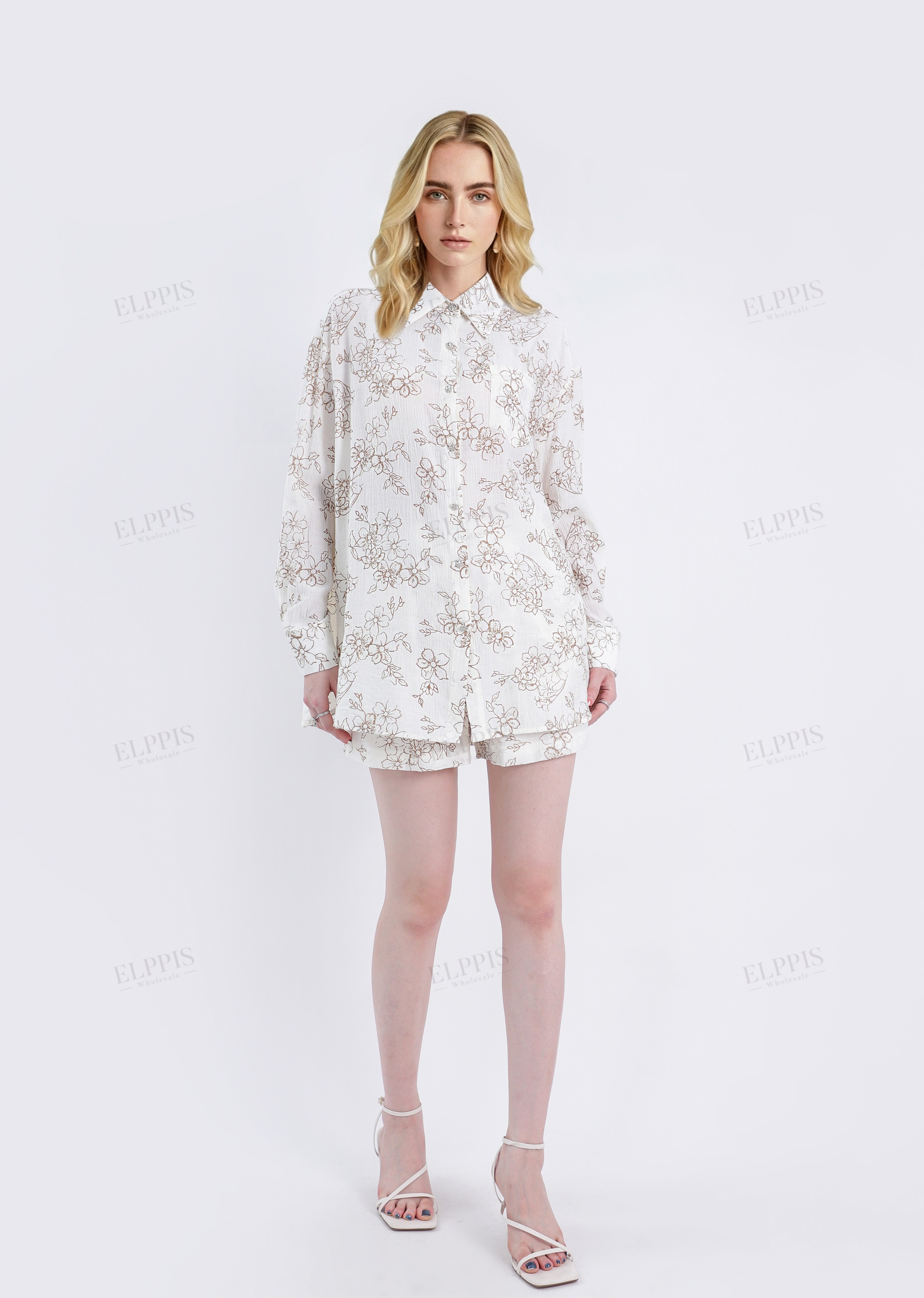 Cream Rayon-Nylon Blend Floral Print Elastic Waist Shorts
