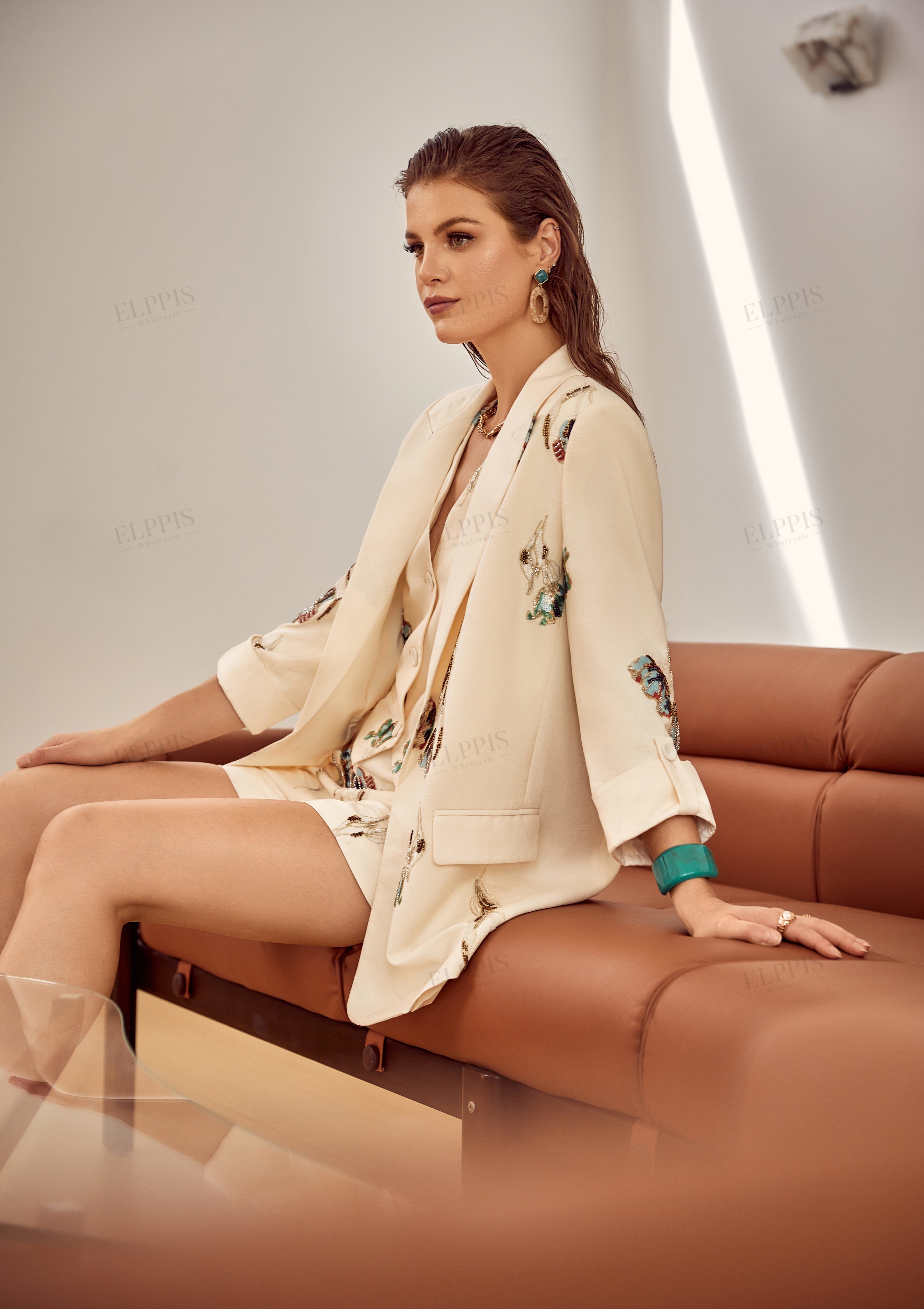 Cream Structured Blazer with Colorful Tulip Sequin Embroidery