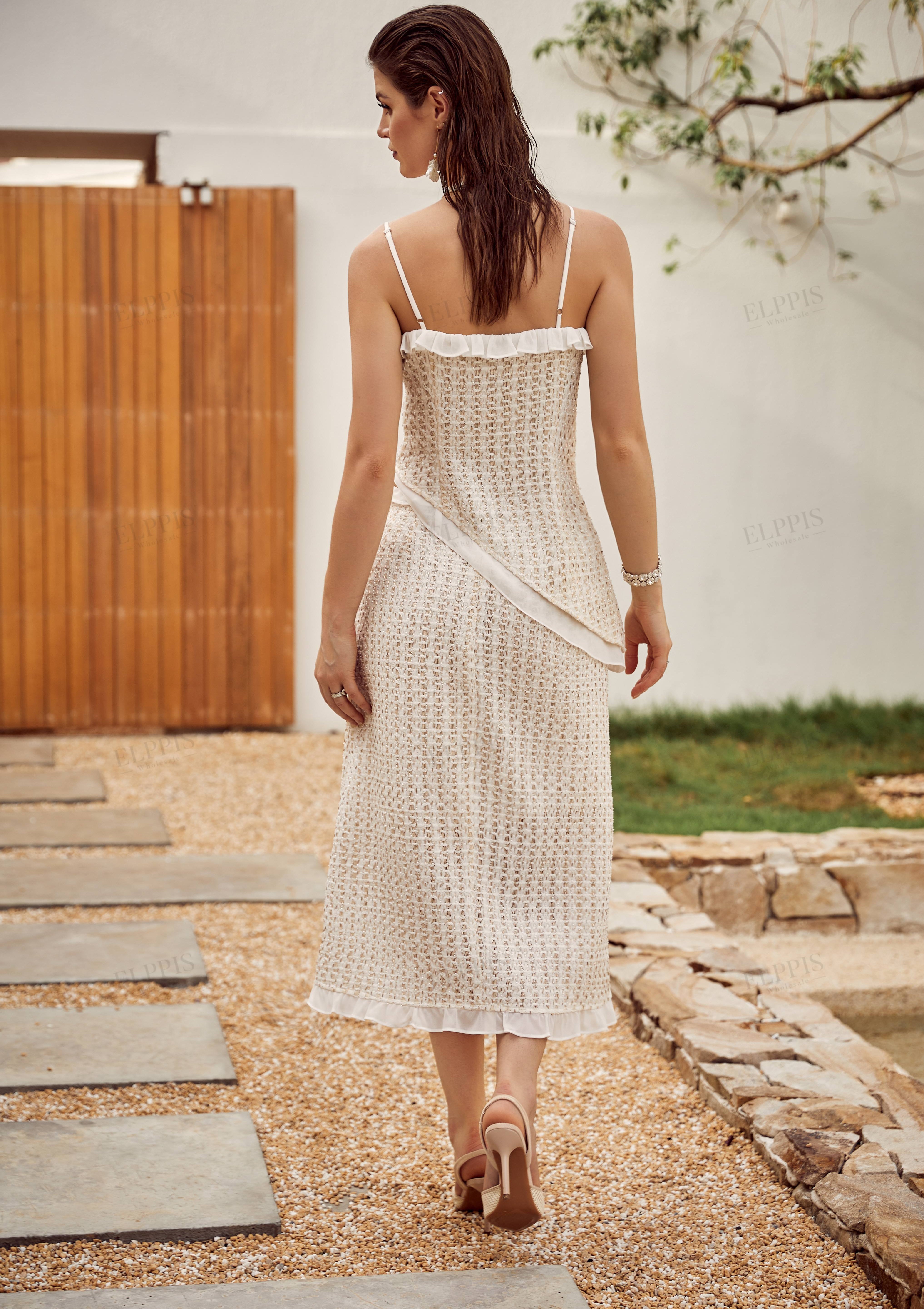 Beige Textured Ruffled Midi Skirt