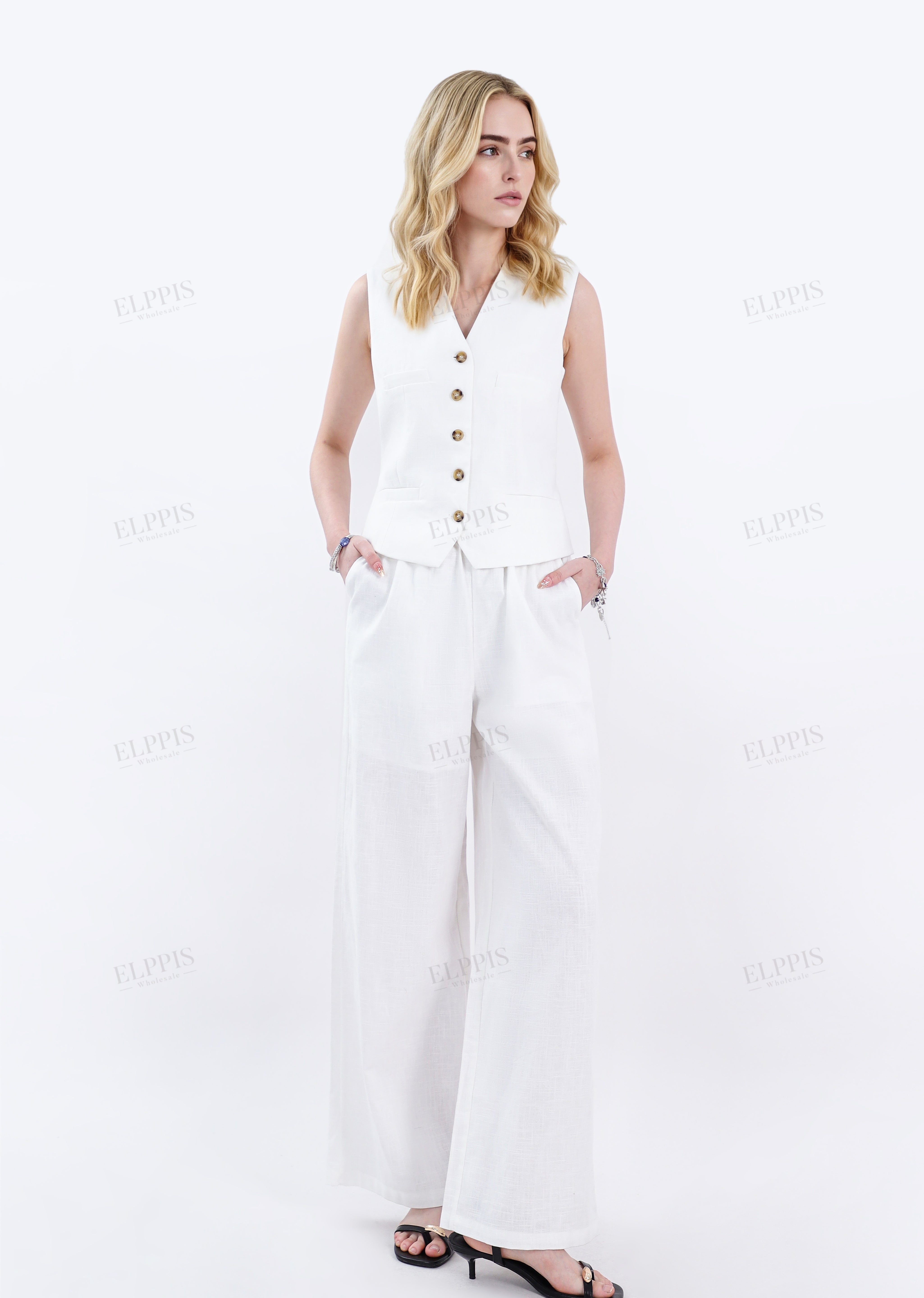 White Cotton-Linen Blend Wide-Leg Pants