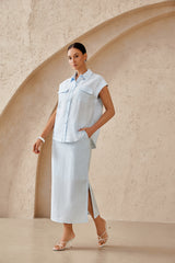 Sky Blue Cotton-Linen Maxi Skirt