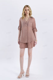 Khaki Ramie High-Waisted Drawstring Shorts