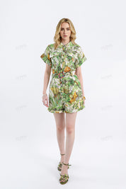Tropical Print Rayon Short-Sleeve Jumpsuit