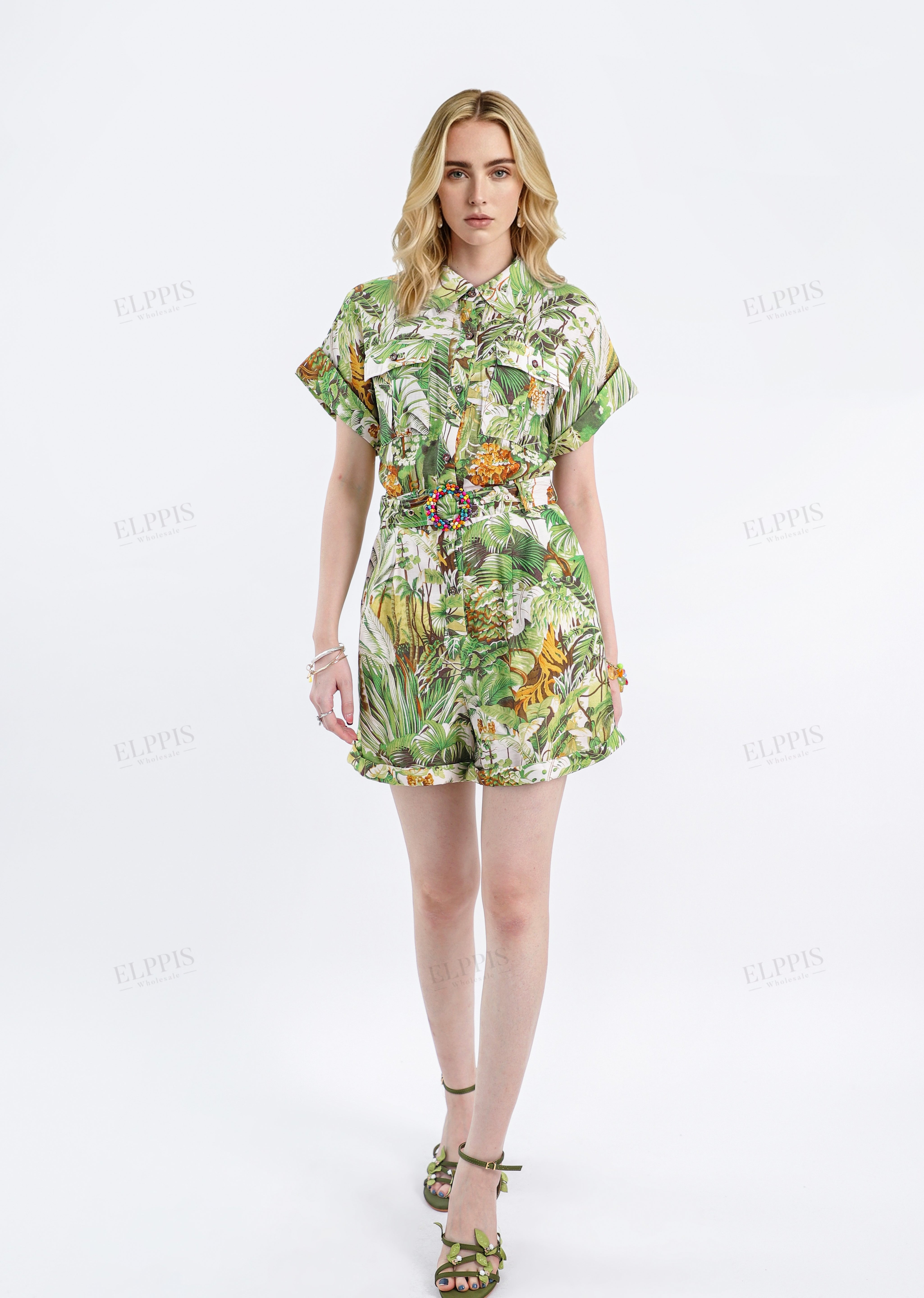 Tropical Print Rayon Short-Sleeve Jumpsuit