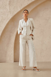 Beige Textured Linen-Blend Floral Embroidered Wide-Leg Pants