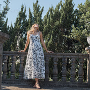Black and white floral cotton embroidered A-line strapless maxi dress