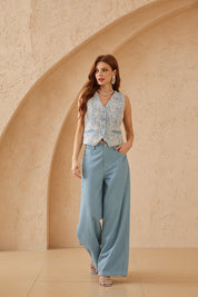 Light Blue Sleeveless Vest with White Lace Floral Embellishments