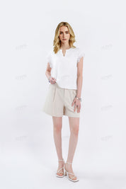 Beige Linen Blend Belted Casual Shorts