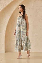 Neutral Paisley Floral Print Linen Halter Maxi Dress with Ruffled Hem