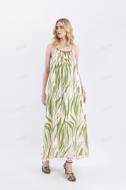 Green Leaf Print Halter Maxi Dress with Pom-Pom Hem