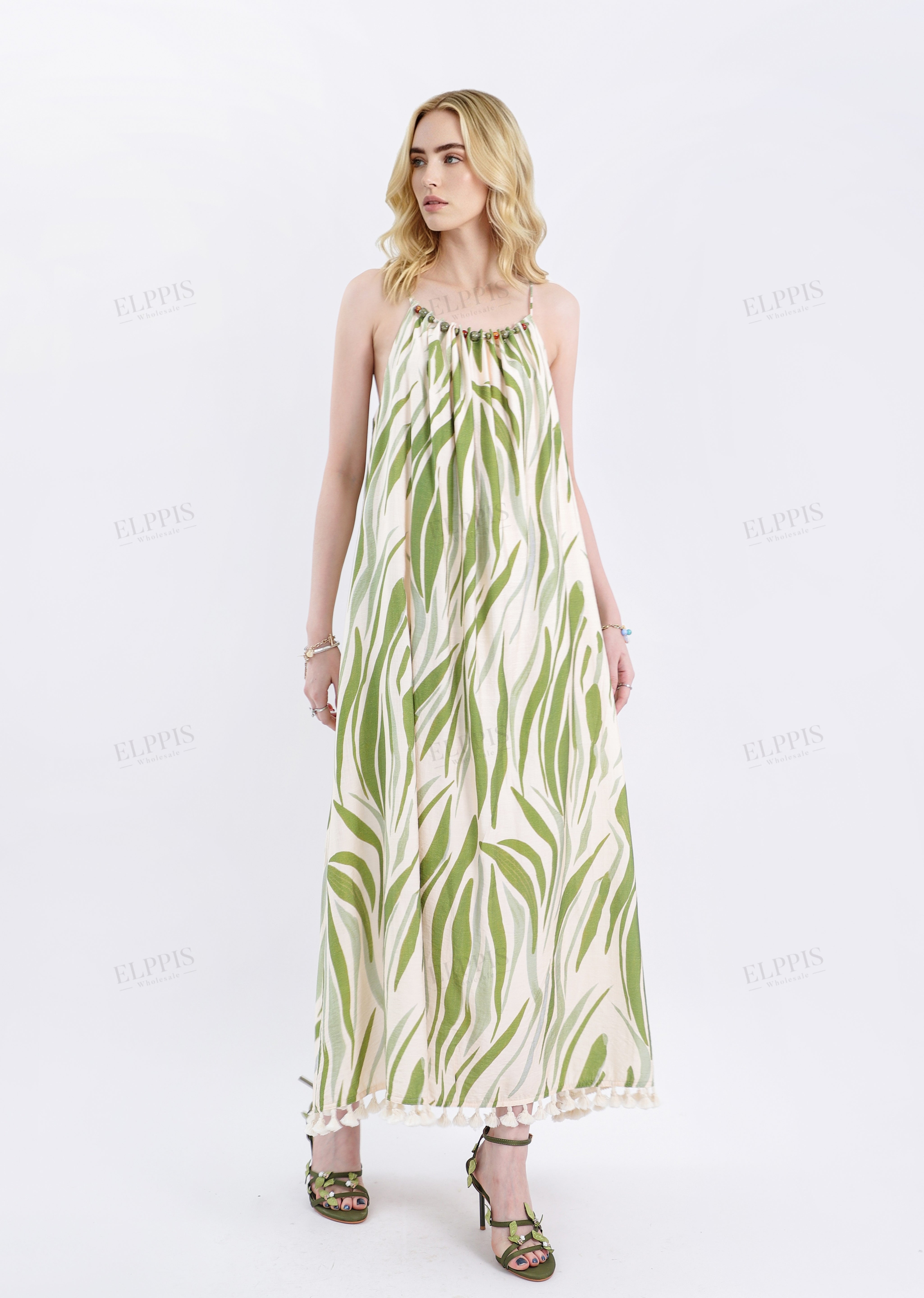Green Leaf Print Halter Maxi Dress with Pom-Pom Hem