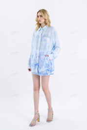 Light Blue Floral Print Long-Sleeve Shirt with Pearl Button Embellishments