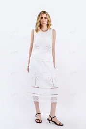 White Sleeveless Linen Top with Palm Tree Eyelet Detail