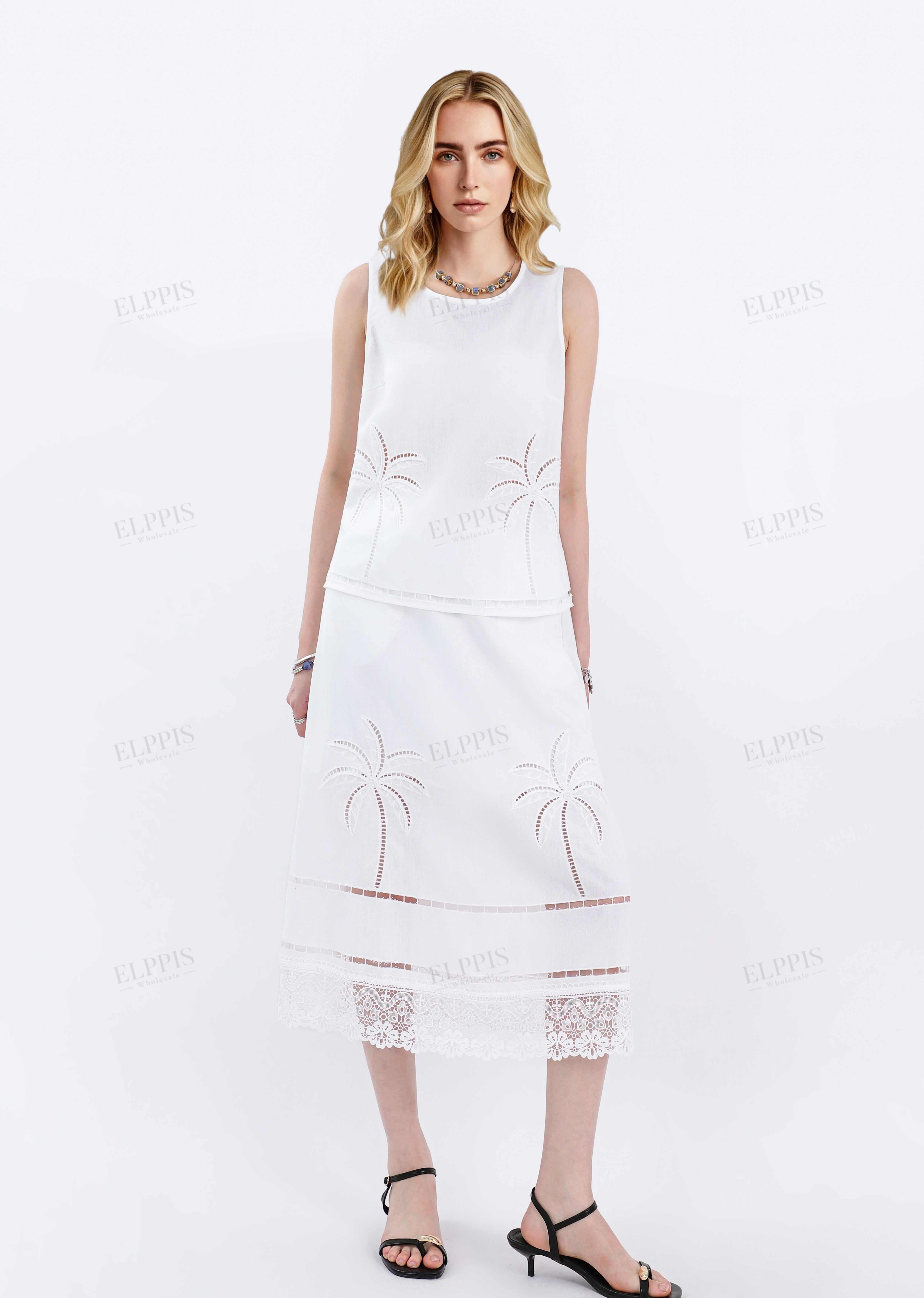White Sleeveless Linen Top with Palm Tree Eyelet Detail