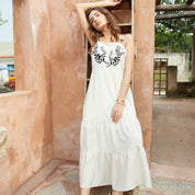 Embroidered A-line cotton-linen maxi camisole dress