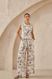 Beige Floral Sketch Print Wide-Leg Pants