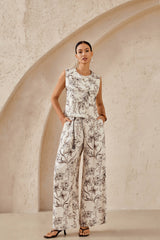 Beige Floral Sketch Print Wide-Leg Pants