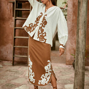 Color-block patchwork embroidered H-line cotton-linen midi skirt