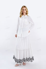White Maxi Skirt with Black Geometric & Floral Embroidery