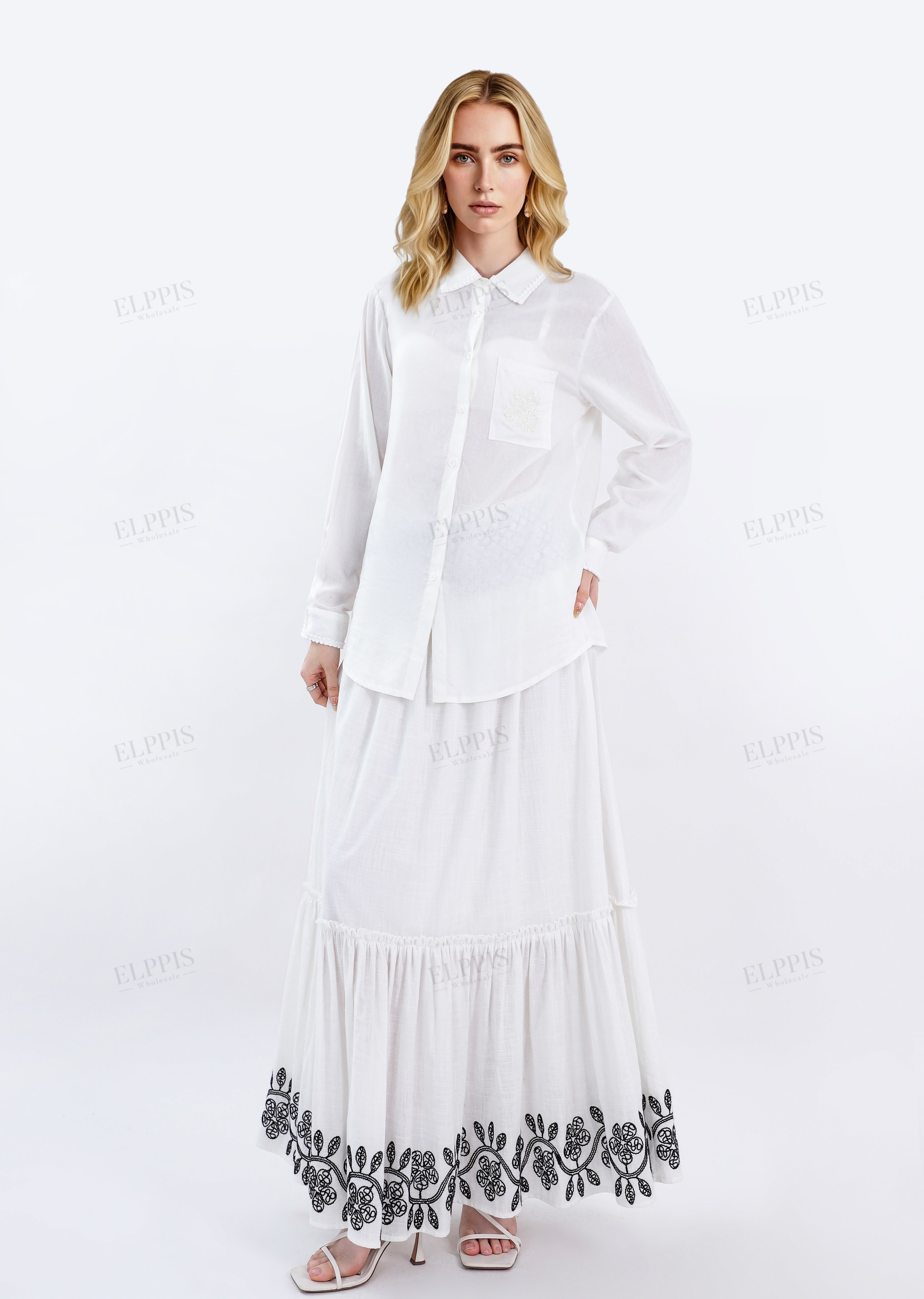White Maxi Skirt with Black Geometric & Floral Embroidery