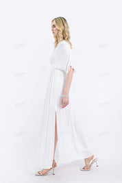 White Deep V-Neck Maxi Dress with Pearl Trim & Short Batwing Sleeves