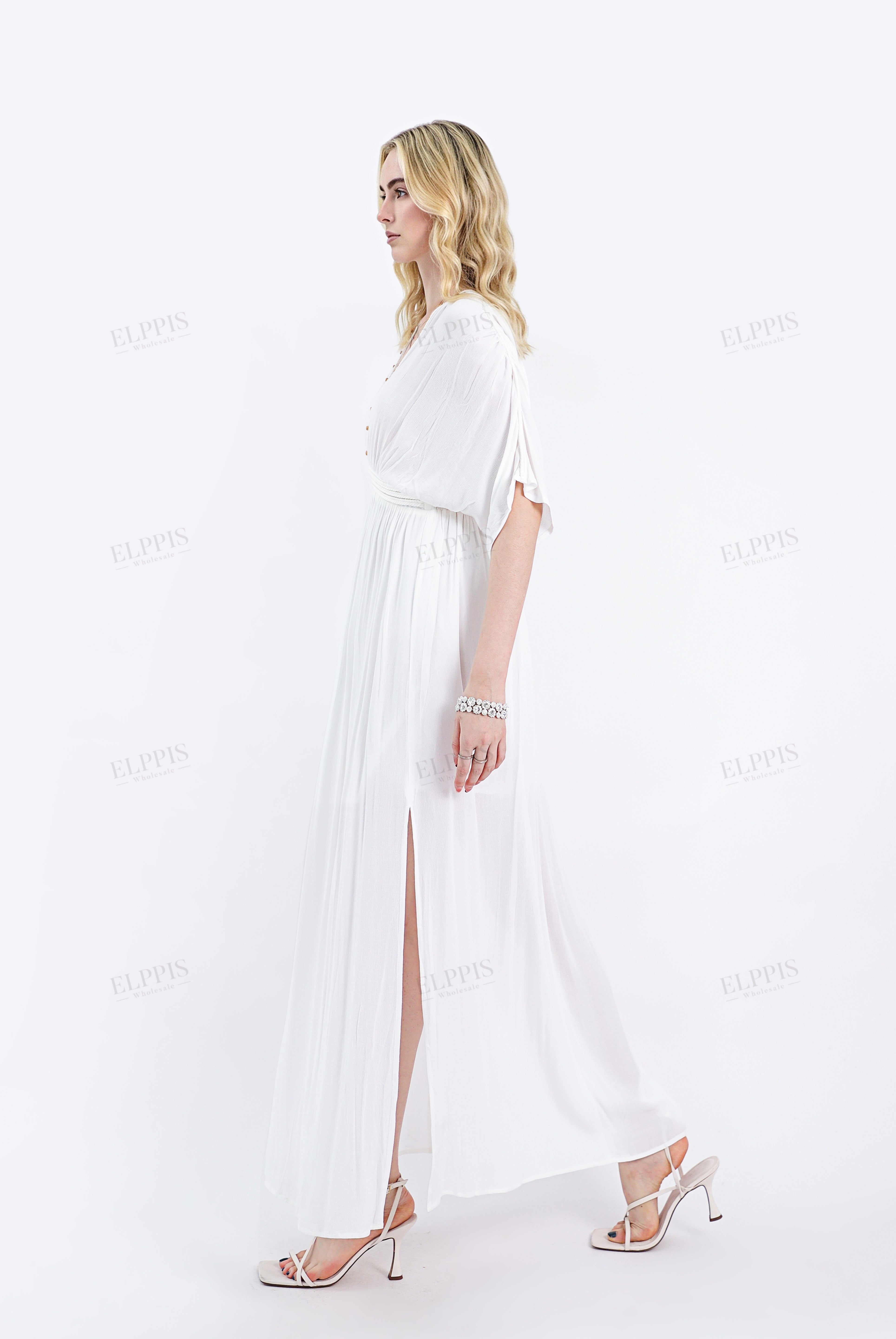 White Deep V-Neck Maxi Dress with Pearl Trim & Short Batwing Sleeves
