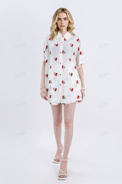 Cream Acetate-Blend Cherry Embroidery Short-Sleeve Blouse