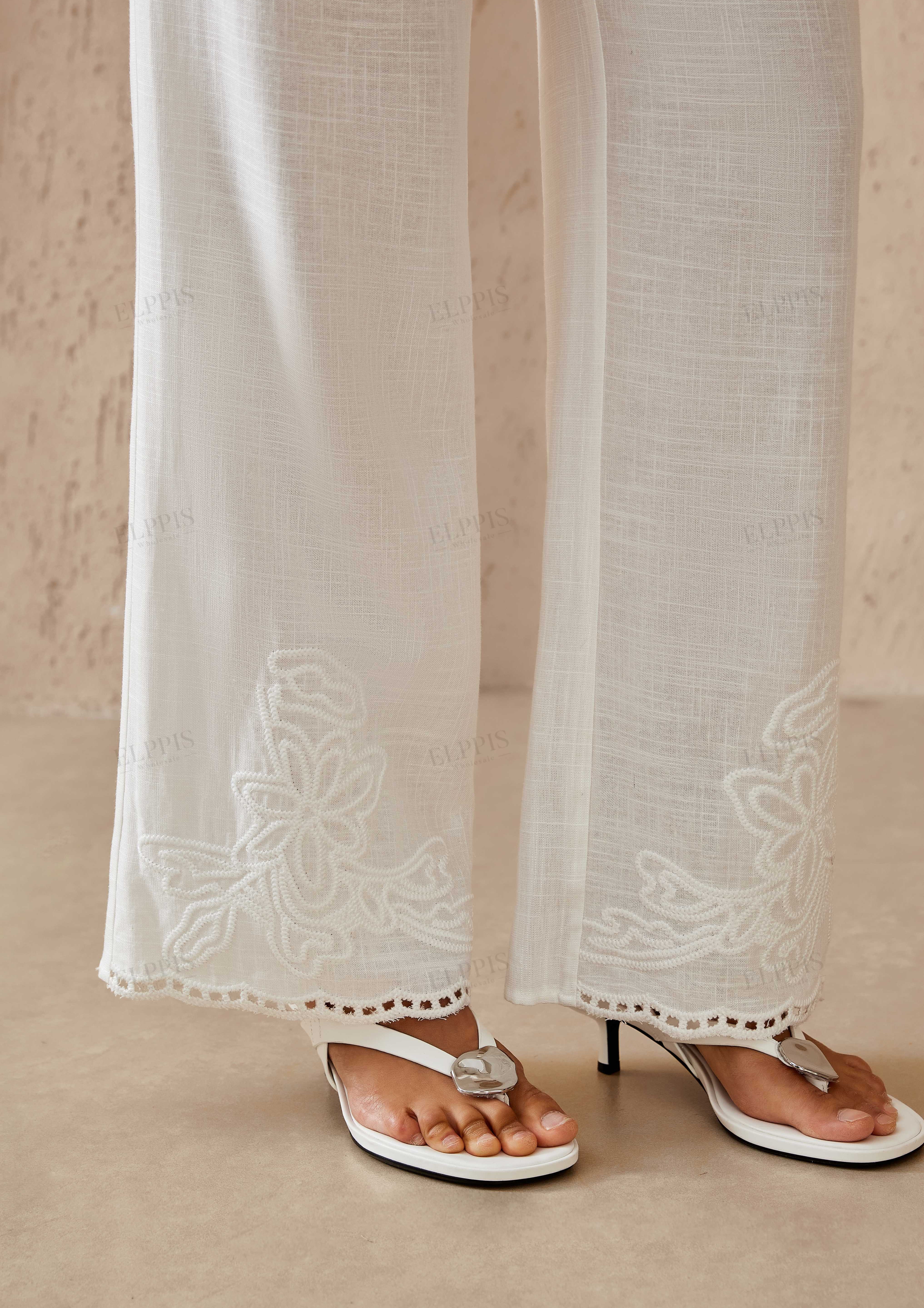 White Lightweight Wide-Leg Pants with Adjustable waistband