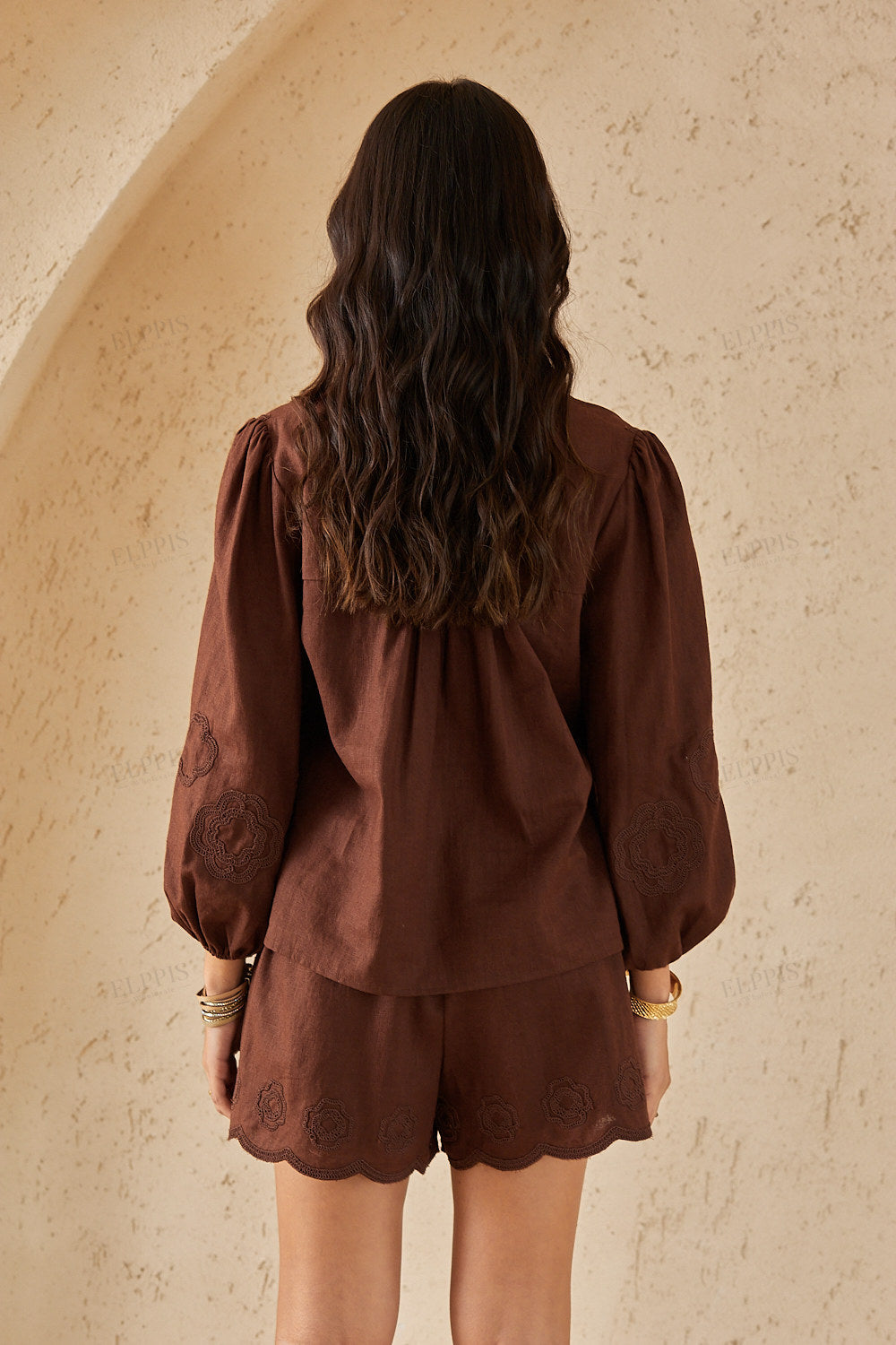Cocoa Brown Long-Sleeve Blouse with Cutwork Embroidery