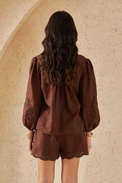 Cocoa Brown Long-Sleeve Blouse with Cutwork Embroidery