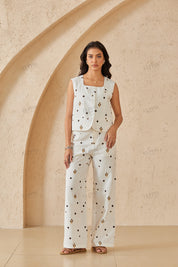 White Wide-Leg Pants with Brown & Gold Embroidered Patterns