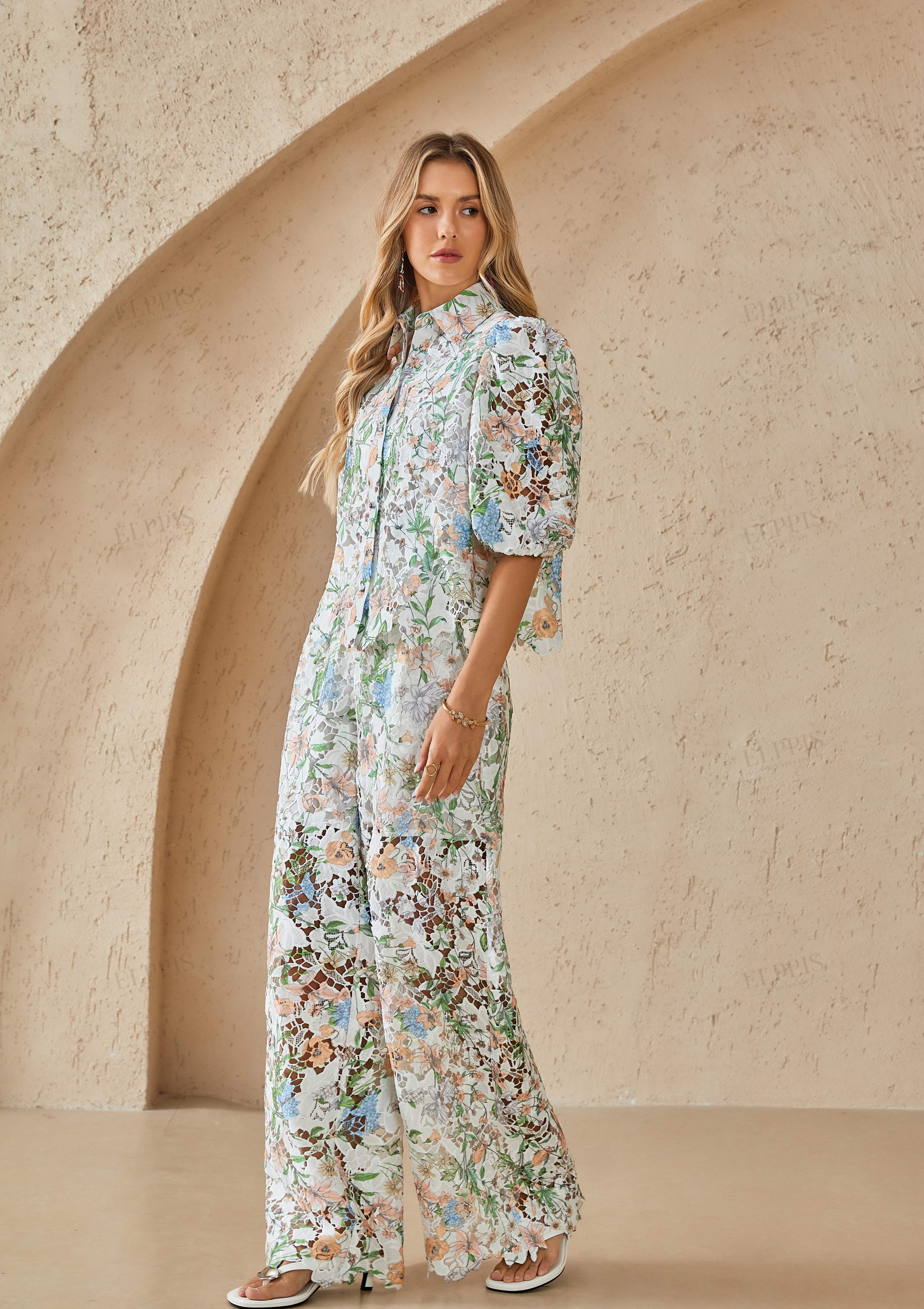 High-Waisted Floral Lace Wide-Leg Pants