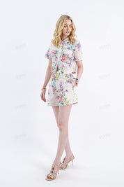 Cream Floral Print Eyelet Shorts with Self-Tie Belt
